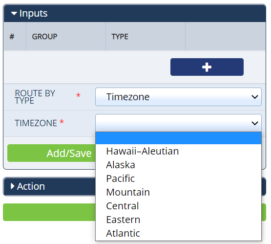 The Inputs section if you select "Timezone" from the Route By Type field. In the Timezone field availble options are expanded in the drop-down list